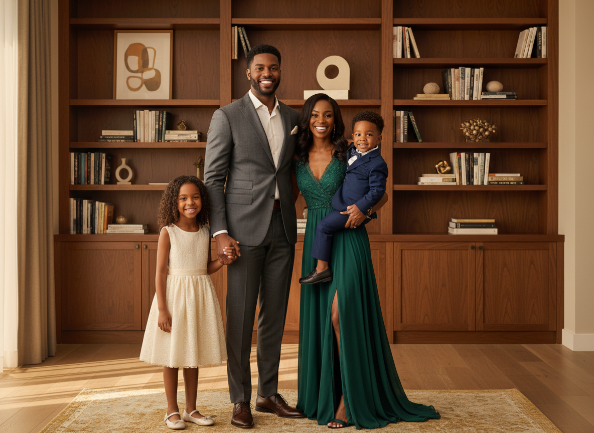 A modern young Black family — husband, wife, and children — posed together in a warmly lit, upscale setting, radiating love, legacy, and generational strength.