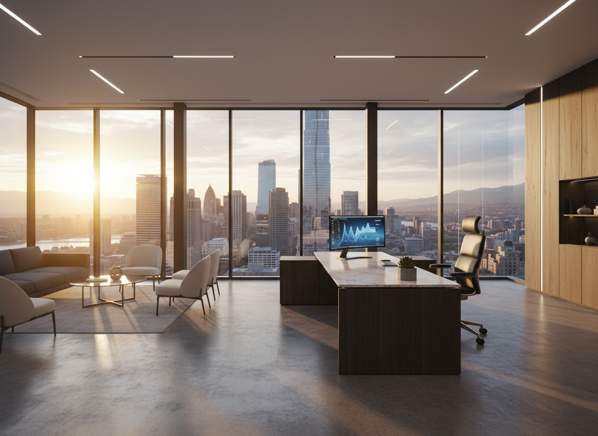 A sleek modern corporate office interior with floor-to-ceiling windows, city skyline view, warm golden sunlight streaming in, minimalist executive desk, clean lines, sophisticated and professional atmosphere, wide landscape format suitable for a hero banner